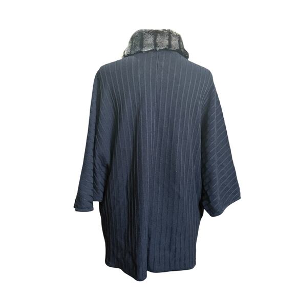 Ming Wang Open Knit Cardigan Women Large Black Faux Fur Trim Dolman Sleeves - Picture 6 of 11